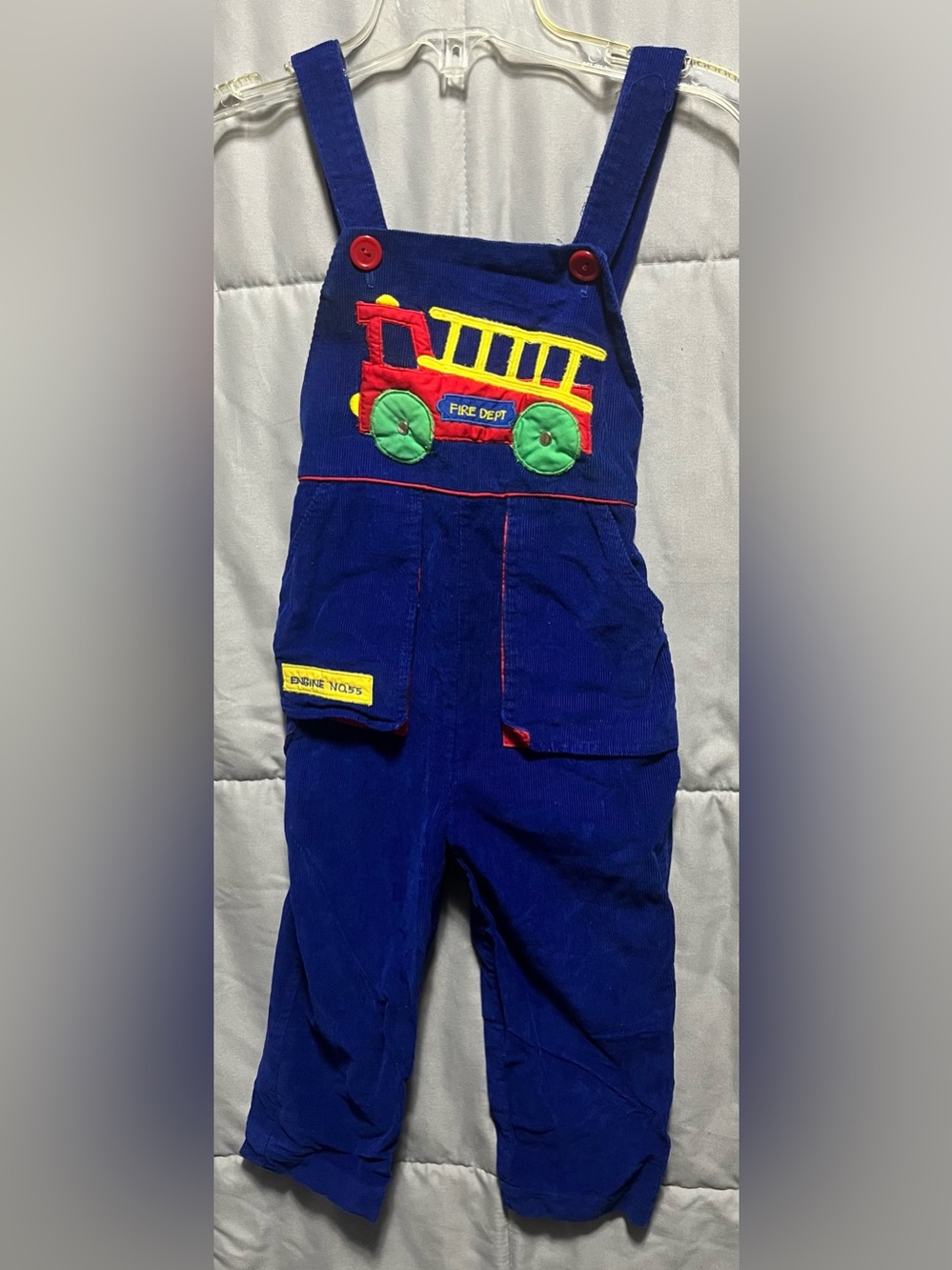 Vintage 4T Fire Dept Fire Truck Corduroy Overalls Blue Toddler 80s 90s